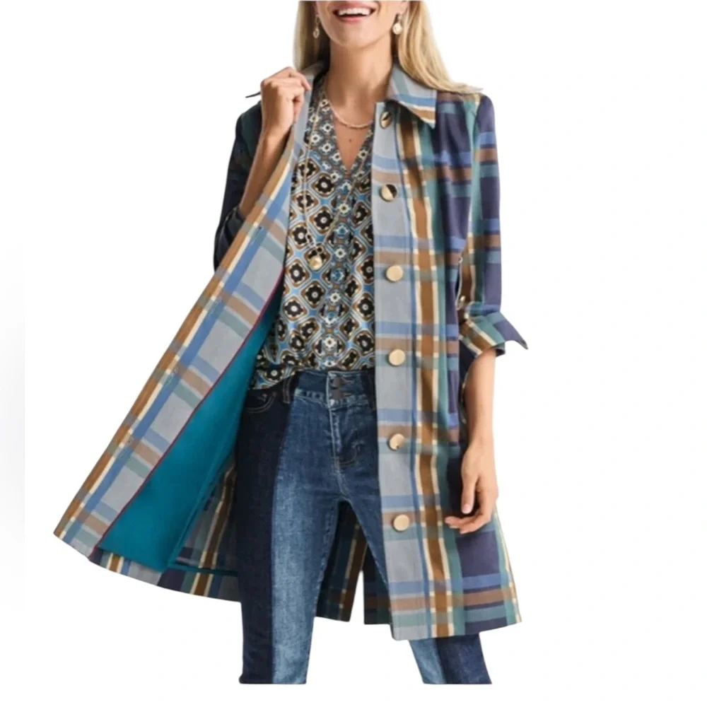 CABI Style #6248 Highclere Trench 100% cotton plaid trench coat NWOT- sz Medium - Picture 1 of 16